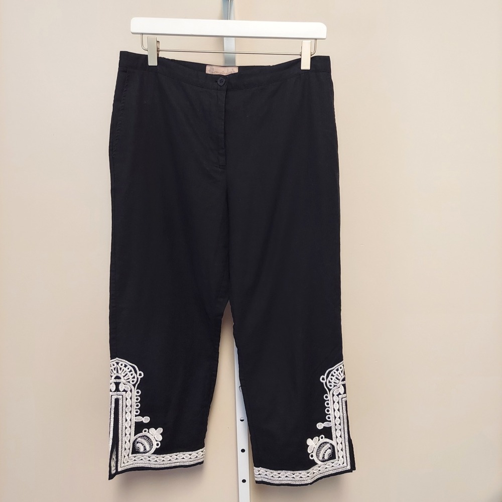 Women's Black Linen Pants M Embroidered Boho Resort Vacation Coastal Cruise